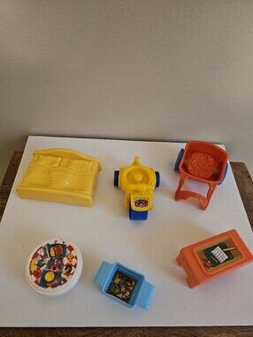 Lot of 6 Fisher Price Little  Items....bed, motorcycle, Cart,table, desk ,basket